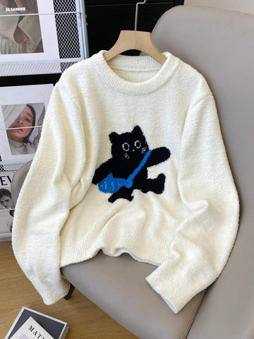 Women's Casual Cat Pattern Round Neck Drop Shoulder Long Sleeve Sweater