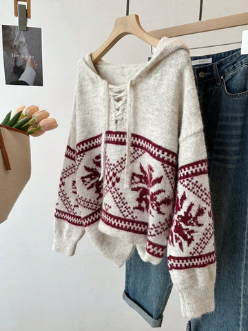 Women's Casual Colorblock Geometric Pattern Hooded Sweater