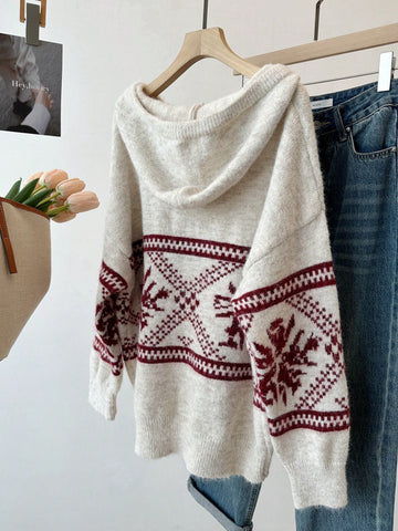 Women's Casual Colorblock Geometric Pattern Hooded Sweater