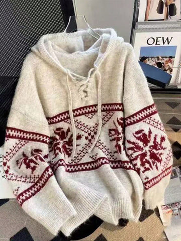 Women's Casual Colorblock Geometric Pattern Hooded Sweater