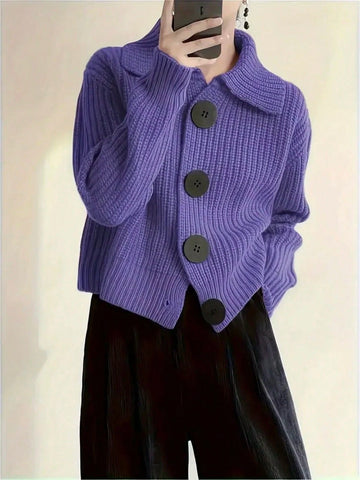Knitted Cardigan Sweater With Collar And Buttons