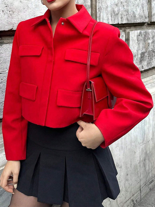 Women's Casual Short Red Jacket With Front Pockets Ladies Elegant Blazer
