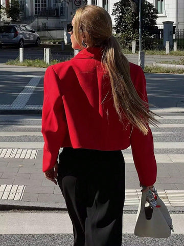 Women's Casual Short Red Jacket With Front Pockets Ladies Elegant Blazer