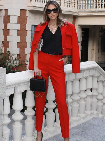 Women's Casual Short Red Jacket With Front Pockets Ladies Elegant Blazer