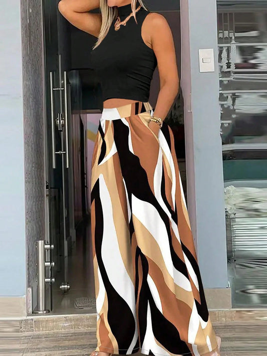 Ribbed Knit Mock Neck Sweater (Wavy Pattern) Paired With Wide Leg Woven Pant