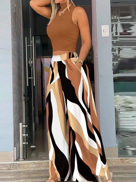 Ribbed Knit Mock Neck Sweater (Wavy Pattern) Paired With Wide Leg Woven Pant