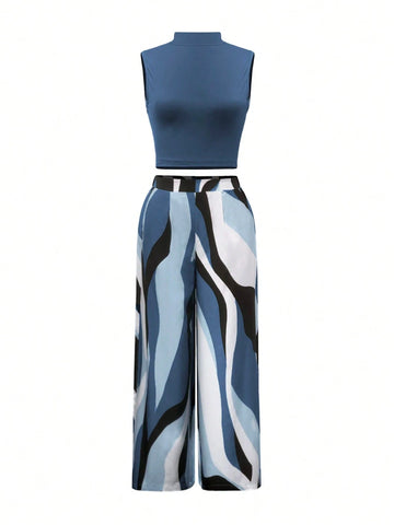 Ribbed Knit Mock Neck Sweater (Wavy Pattern) Paired With Wide Leg Woven Pant