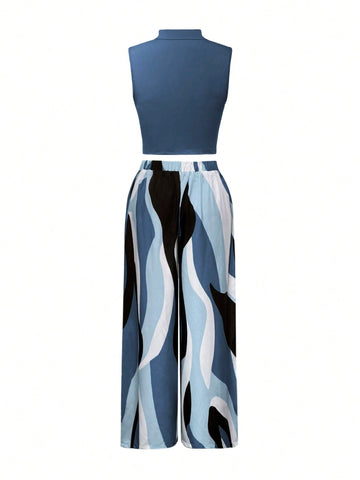 Ribbed Knit Mock Neck Sweater (Wavy Pattern) Paired With Wide Leg Woven Pant