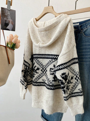 Women's Casual Colorblock Geometric Pattern Hooded Sweater