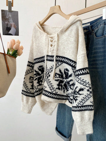 Women's Casual Colorblock Geometric Pattern Hooded Sweater