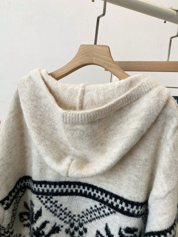 Women's Casual Colorblock Geometric Pattern Hooded Sweater