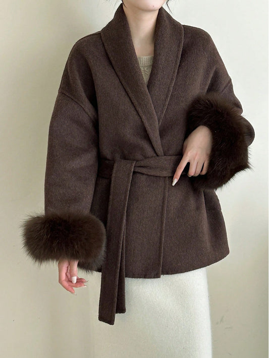 Women's Double-Faced Faux Fur Patchwork Woolen Coat