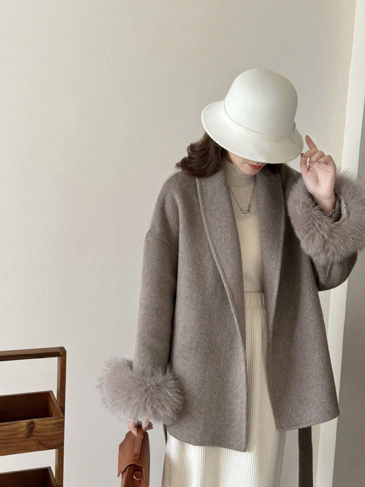 Women's Double-Faced Faux Fur Patchwork Woolen Coat