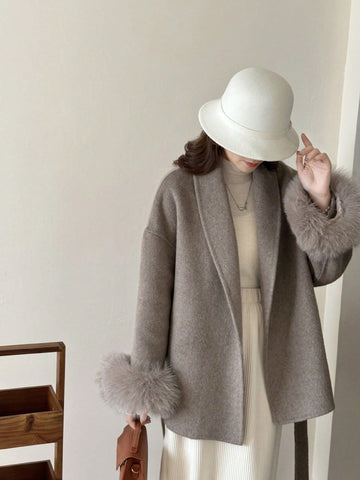 Women's Double-Faced Faux Fur Patchwork Woolen Coat