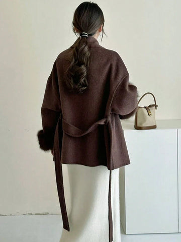 Women's Double-Faced Faux Fur Patchwork Woolen Coat