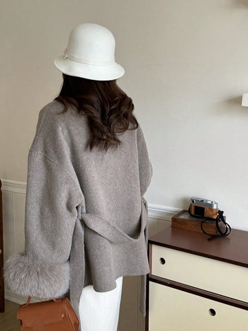 Women's Double-Faced Faux Fur Patchwork Woolen Coat