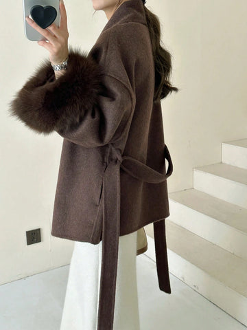 Women's Double-Faced Faux Fur Patchwork Woolen Coat