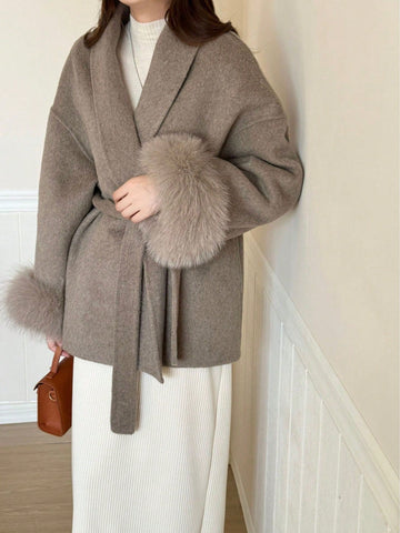 Women's Double-Faced Faux Fur Patchwork Woolen Coat