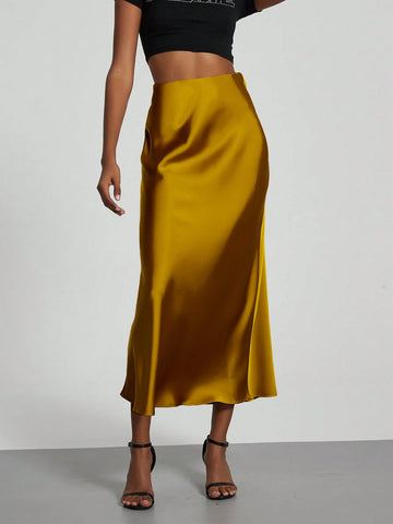 Women Silky Satin Feeling Maxi Skirt
