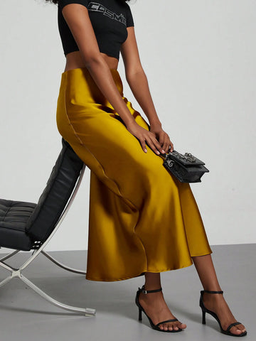 Women Silky Satin Feeling Maxi Skirt