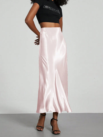 Women Silky Satin Feeling Maxi Skirt