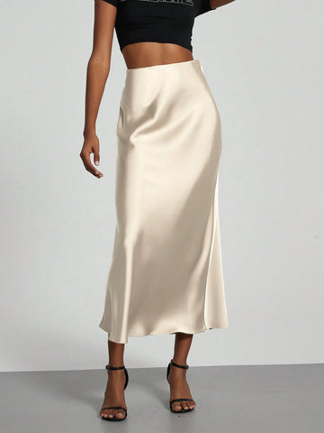 Women Silky Satin Feeling Maxi Skirt