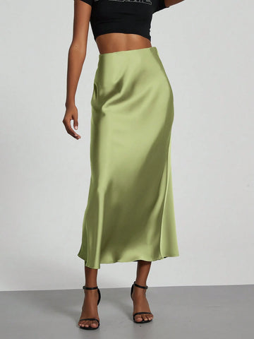 Women Silky Satin Feeling Maxi Skirt