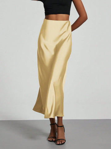 Women Silky Satin Feeling Maxi Skirt