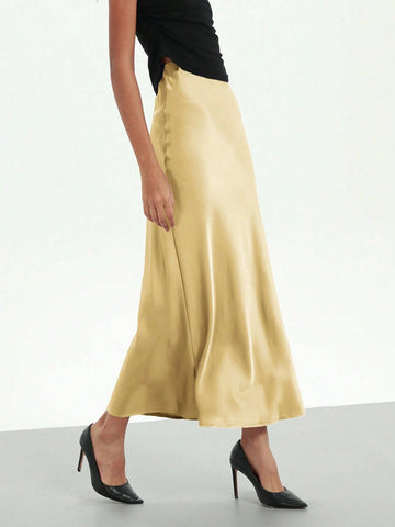 Women Silky Satin Feeling Maxi Skirt