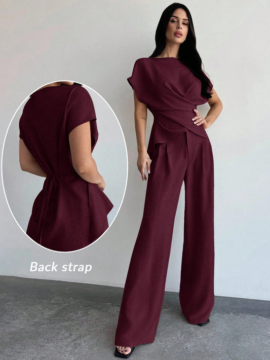 Women's Elegant Commuter Wrap Bustier Corset Top And Flare Leg Pants