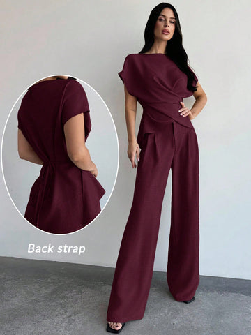 Women's Elegant Commuter Wrap Bustier Corset Top And Flare Leg Pants
