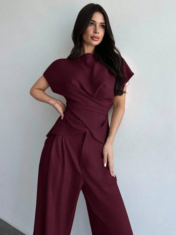 Women's Elegant Commuter Wrap Bustier Corset Top And Flare Leg Pants