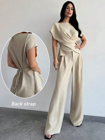 Women's Elegant Commuter Wrap Bustier Corset Top And Flare Leg Pants