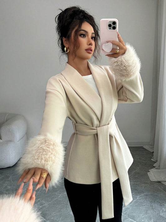 Women's Elegant Faux Fur Trim Belted Shawl Collar Woven Fabric Long Sleeve Overcoat