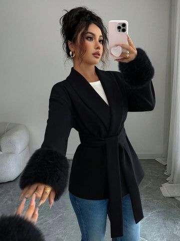 Women's Elegant Faux Fur Trim Belted Shawl Collar Woven Fabric Long Sleeve Overcoat