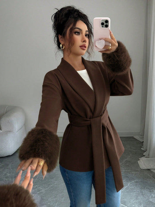 Women's Elegant Faux Fur Trim Belted Shawl Collar Woven Fabric Long Sleeve Overcoat