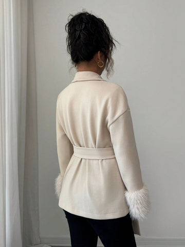 Women's Elegant Faux Fur Trim Belted Shawl Collar Woven Fabric Long Sleeve Overcoat