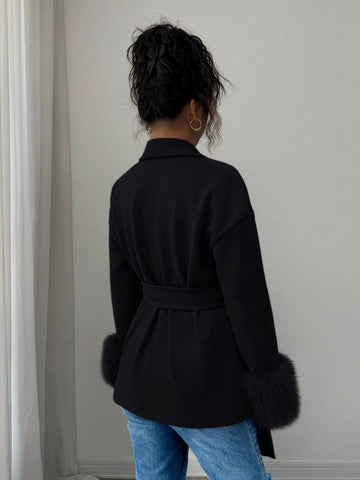 Women's Elegant Faux Fur Trim Belted Shawl Collar Woven Fabric Long Sleeve Overcoat