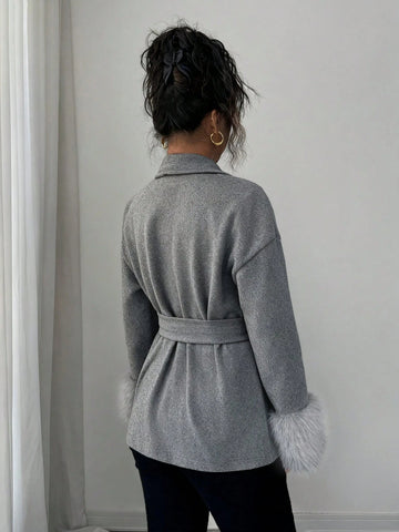 Women's Elegant Faux Fur Trim Belted Shawl Collar Woven Fabric Long Sleeve Overcoat
