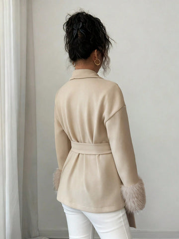 Women's Elegant Faux Fur Trim Belted Shawl Collar Woven Fabric Long Sleeve Overcoat
