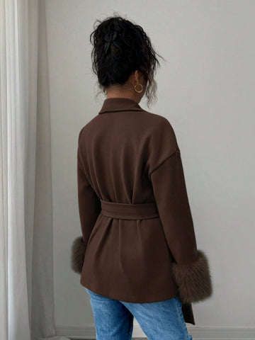 Women's Elegant Faux Fur Trim Belted Shawl Collar Woven Fabric Long Sleeve Overcoat