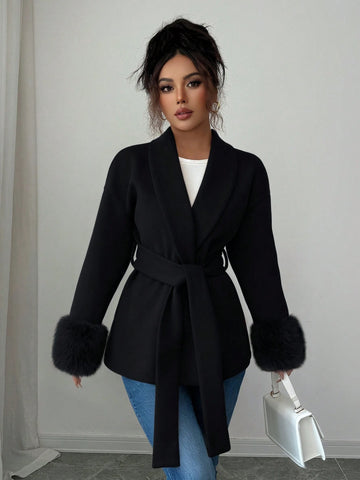 Women's Elegant Faux Fur Trim Belted Shawl Collar Woven Fabric Long Sleeve Overcoat