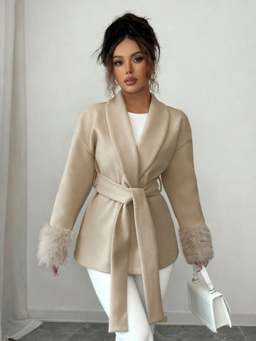 Women's Elegant Faux Fur Trim Belted Shawl Collar Woven Fabric Long Sleeve Overcoat
