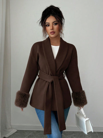 Women's Elegant Faux Fur Trim Belted Shawl Collar Woven Fabric Long Sleeve Overcoat