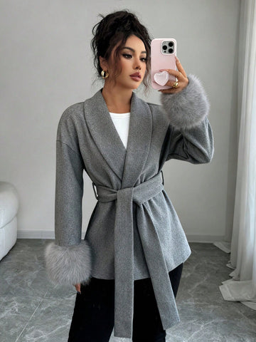 Women's Elegant Faux Fur Trim Belted Shawl Collar Woven Fabric Long Sleeve Overcoat
