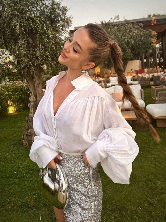 Women's Elegant Long Sleeve Turndown Collar Button Front Chiffon Blouse