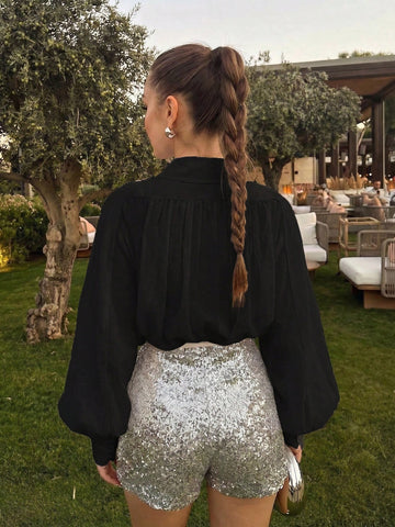 Women's Elegant Long Sleeve Turndown Collar Button Front Chiffon Blouse
