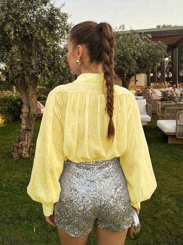 Women's Elegant Long Sleeve Turndown Collar Button Front Chiffon Blouse