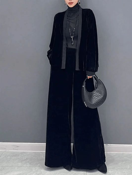 Minimalist Long Sleeve Collarless Top And Wide Leg Pants Set
