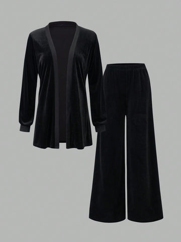 Minimalist Long Sleeve Collarless Top And Wide Leg Pants Set